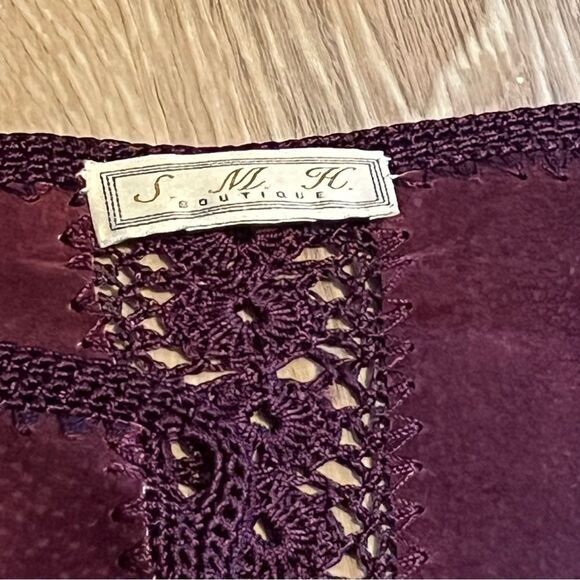 90s 70s Suede Crochet Patch Plum Boho Lagenlook Open Oversized Jacket M Xl Vtg - Picture 3 of 9